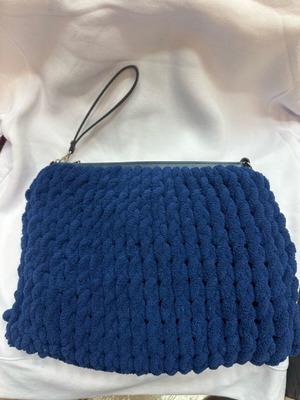 Handmade knitted blue clutch bag with inner lining new