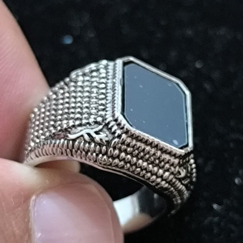 Men's signet ring with black stone, stainless steel, new