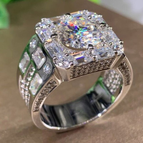 Art Deco Men's Ring with Cubic Zirconia New, Silver Plated Metal