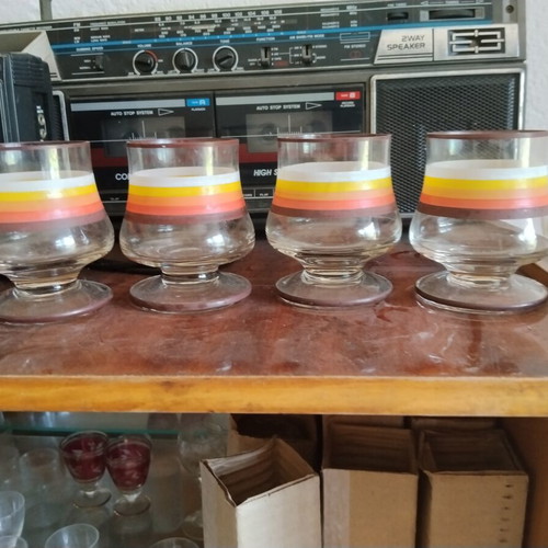 Set of 4 retro authentic glass brandy glasses with colored stripes