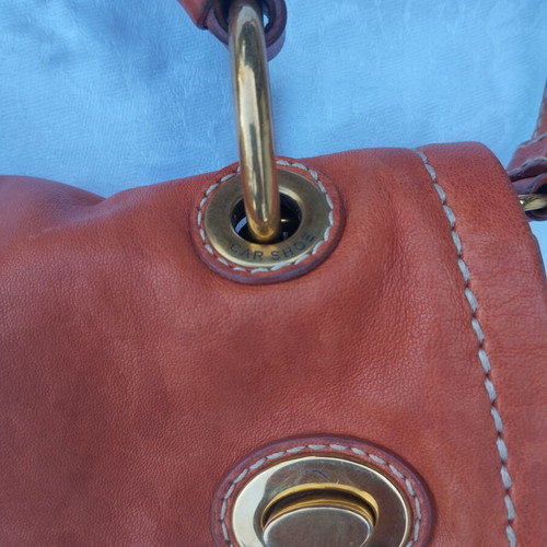 Car Shoe leather shoulder bag used, vintage patina, orange and gold