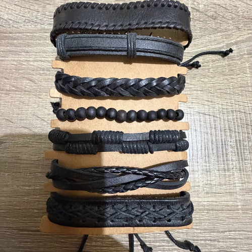 Leather men's bracelets new, set of 7 pieces, black