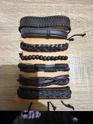 Leather men's bracelets new, set of 7 pieces, black