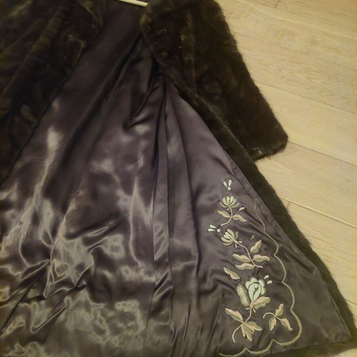 Handmade mink fur coat with silk lining, brown