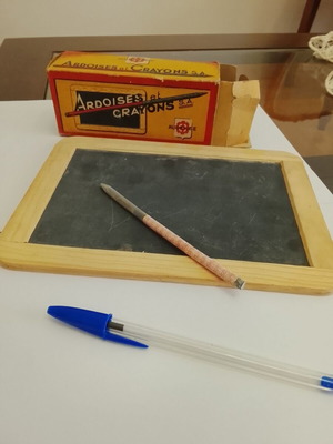 Vintage French collectible box with writing crayons and small blackboard Ardoises et Crayons S.A. used