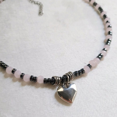 Pink Crystal and Hematite Heart Necklace like new, handmade