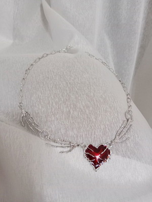 Necklace with bleeding heart and skeletal hands new, red and silver