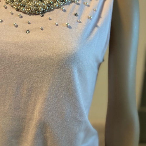 Pink top with pearls and crystals neckline, like new, M/L