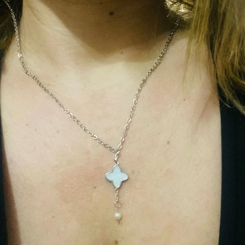 Stainless steel handmade necklace with white cross and pearl new