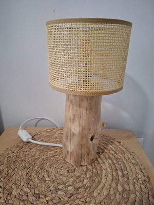 Rustic handmade table lamp with pine wood base and rattan shade