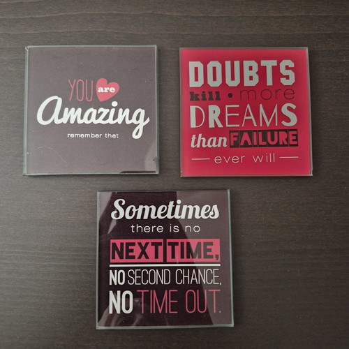 Glass coaster set of 3 with quotes, used