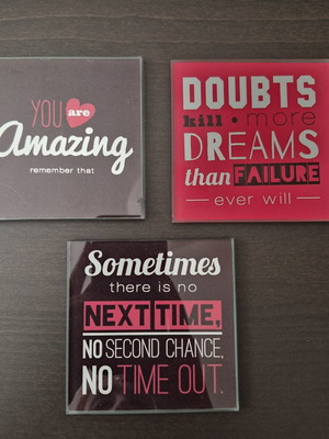 Glass coaster set of 3 with quotes, used