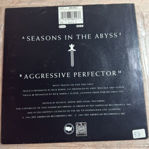 Slayer Seasons in the Abyss 7” vinyl single and DVD like new