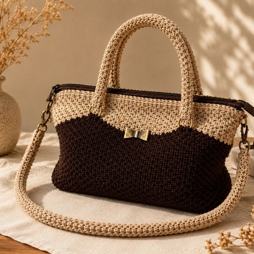 Handmade knitted shoulder bag beige and brown