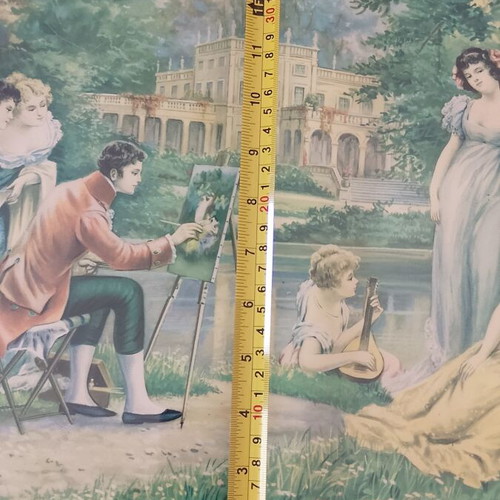 Vintage offset lithograph print of romantic scene, 85×41cm