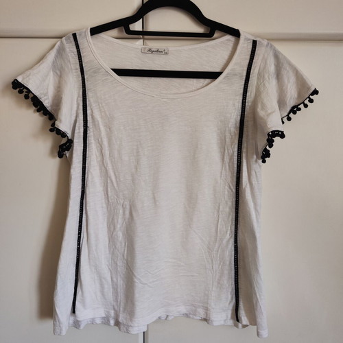 Regalinas White T-shirt with Black Pom Poms and Lace, like new, One Size