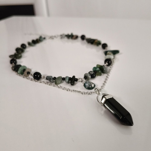 Handmade Gothic necklace with natural stones and black crystal pendant