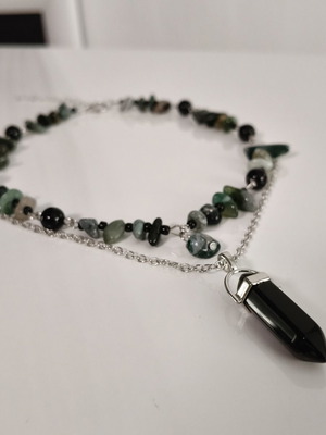 Handmade Gothic necklace with natural stones and black crystal pendant