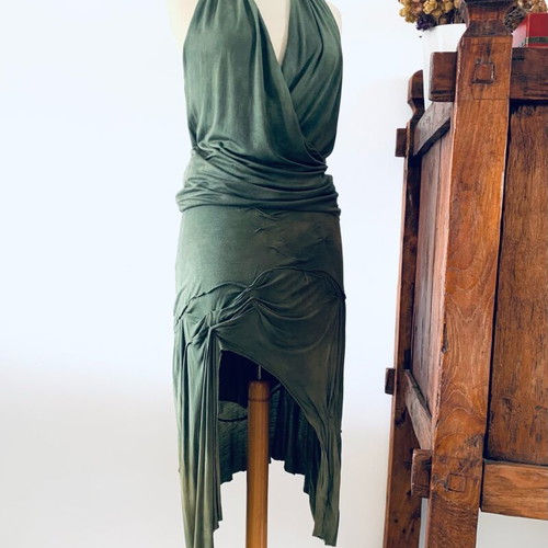 Dyens + Fotinaki handmade green set with asymmetrical skirt