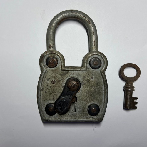 Antique French 4 Gorges Padlock used, functional with key