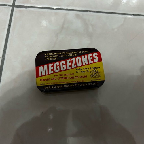 Meggezones tin box used, 1970s English pastilles