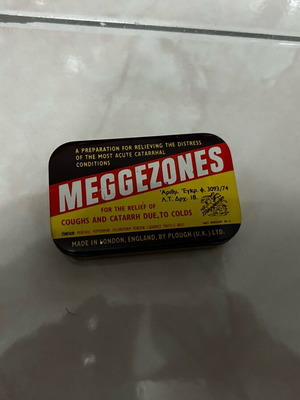 Meggezones tin box used, 1970s English pastilles