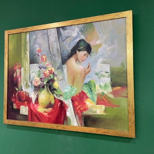 Oil painting used, unique with golden frame, girl theme