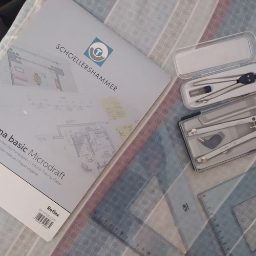 Drafting tools set new with rulers, compasses, and templates