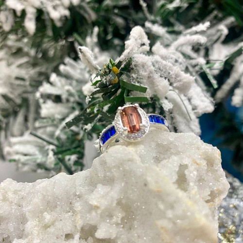 Handmade silver ring with natural pink tourmaline, sapphires & moissanite