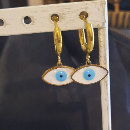 Stainless Steel Hoop Earrings like new, gold color, eye charm