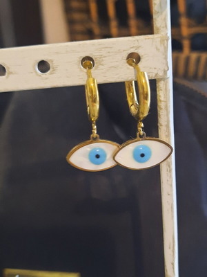 Stainless Steel Hoop Earrings like new, gold color, eye charm