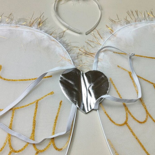 Angel Set with Halo Headband and Large White Wings with Gold Details 49cm