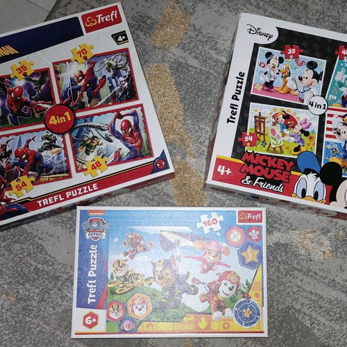 Trefl pack of 3 used children's puzzles with Spider-Man, Mickey, Paw Patrol