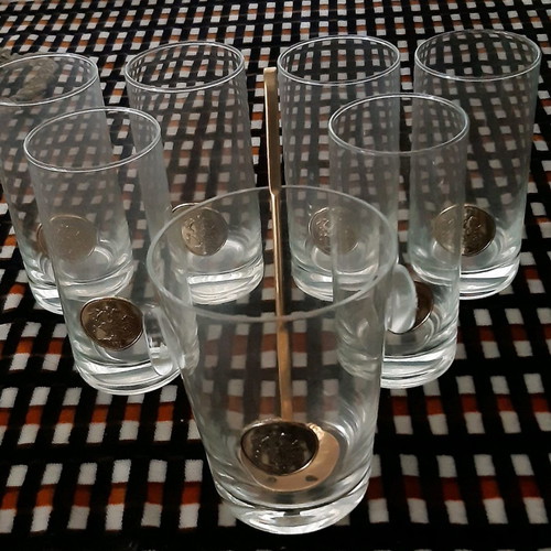 Glass set with Saint George used, 6 tall glasses and container with spoon