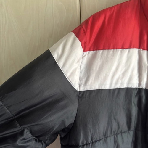 Windbreaker jacket used, black with red and white stripes, hooded