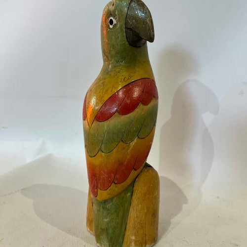 Vintage wooden parrot figurine handmade, used, painted from Puerto Rico 20x6x6