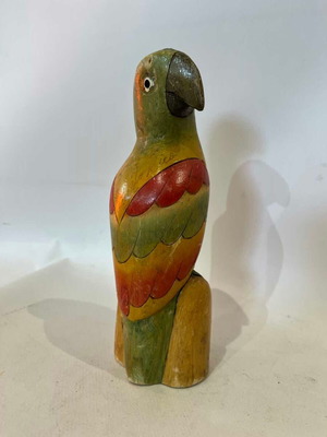 Vintage wooden parrot figurine handmade, used, painted from Puerto Rico 20x6x6