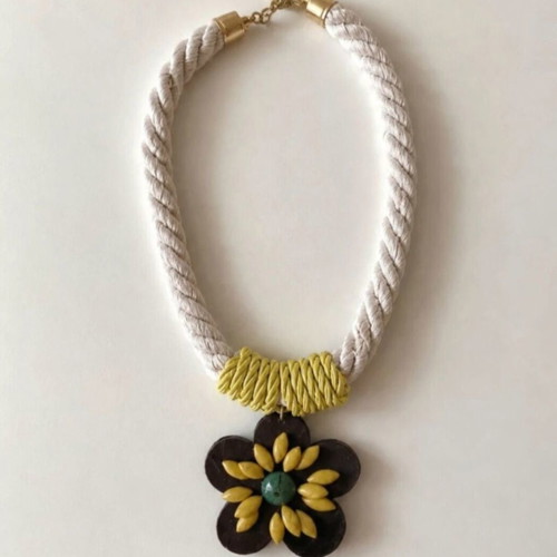 Boho handmade necklace with rope and large flower, vintage style
