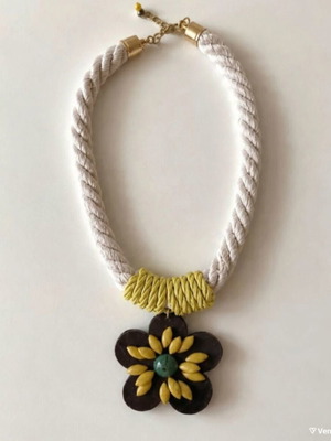 Boho handmade necklace with rope and large flower, vintage style