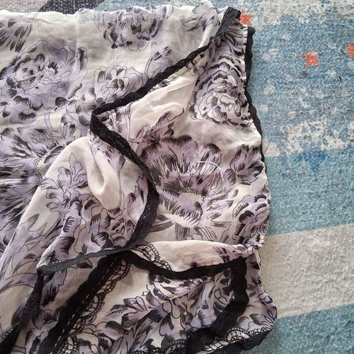 Floral scarf like new in white, purple and black shades with lace trim