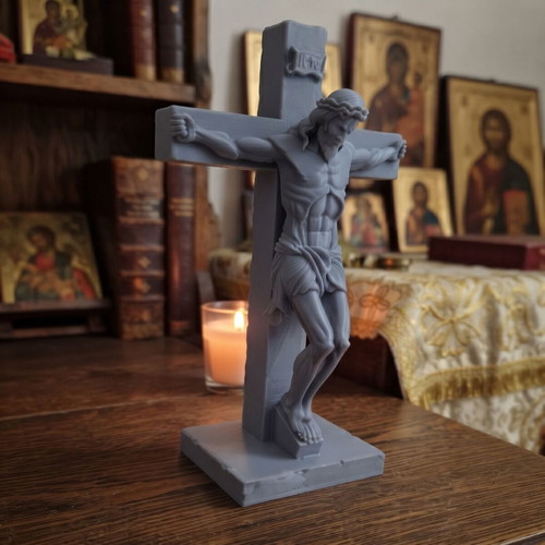 3D Printed Crucifix with Jesus figure, decorative, grey