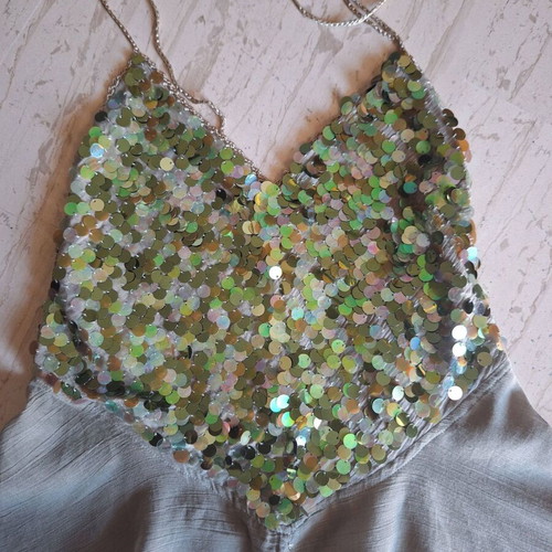 Sequin top with open back, new, green, size S