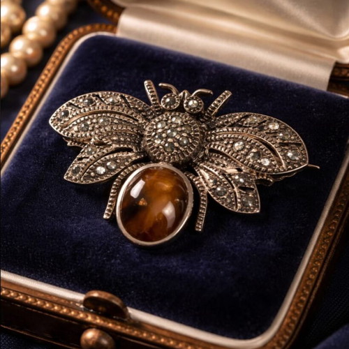 Vintage silver bee brooch with Cat’s Eye stone used