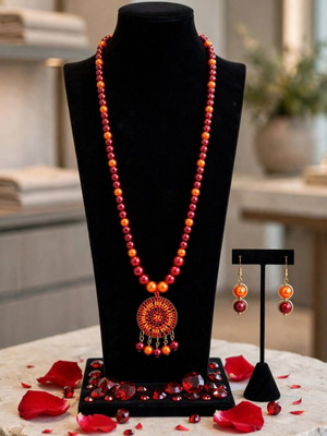 Handmade red-orange beaded long necklace and earrings set