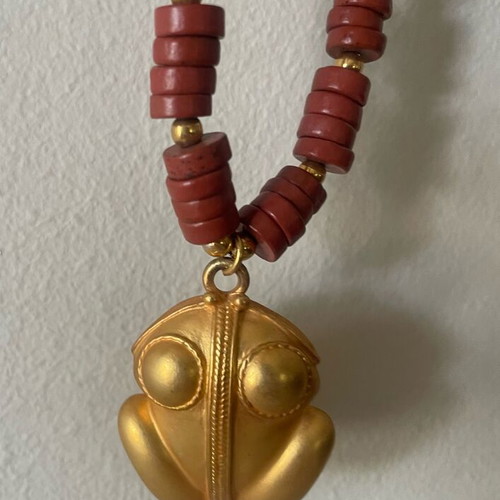 Inca statement boho necklace with terracotta beads and frog pendant like new