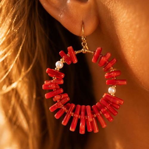 Handmade Hoop Earrings with Natural CORALS. Steel clasp hoop