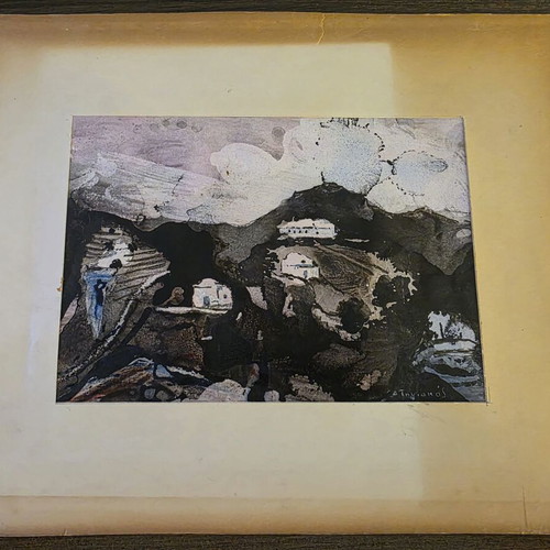 Painting Dimitris Tiniakos like new, Chinese black ink and color, Cyclades landscape