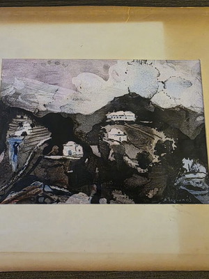 Painting Dimitris Tiniakos like new, Chinese black ink and color, Cyclades landscape
