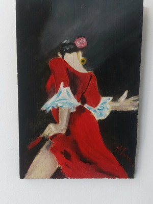 Oil painting on wood used, flamenco dancer with red dress