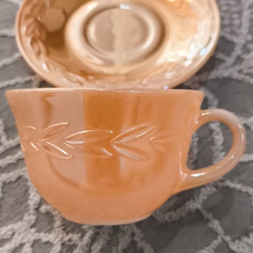 Anchor Hocking Fire King vintage tea cup and saucer set peach lustre